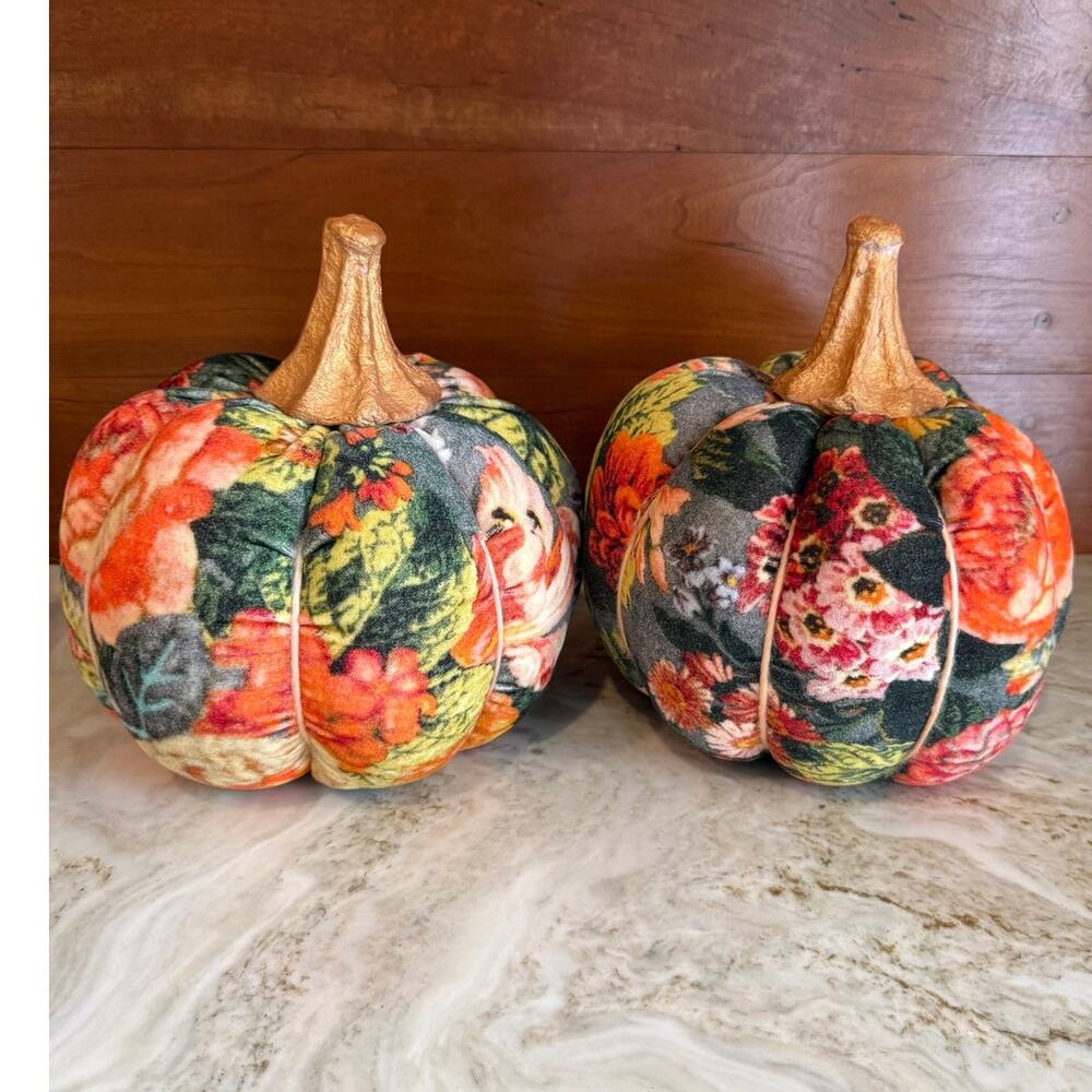 Pair of Velvet Floral Pumpkins Fall Decor
